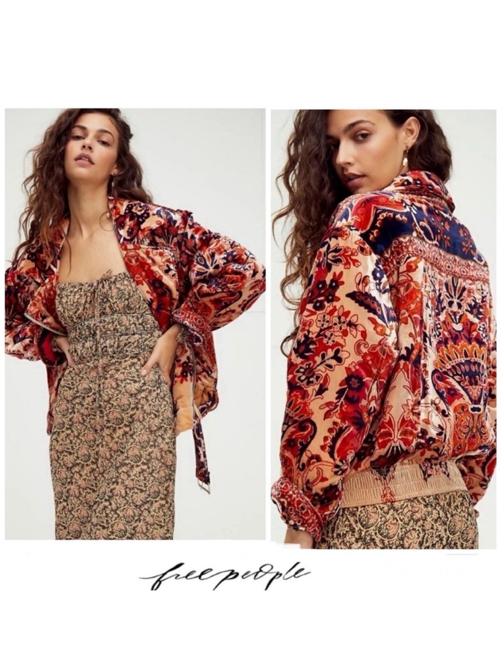 FREE PEOPLE Bailey Multicolor Velvet Long Sleeves Front Zipper Boho Jacket Sz XS